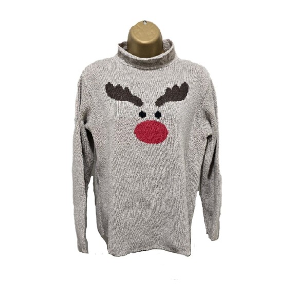 Vintage Binghamton Rudolph Sweater Womens S Beige Reindeer Mock Neck Holiday USA - Picture 9 of 9